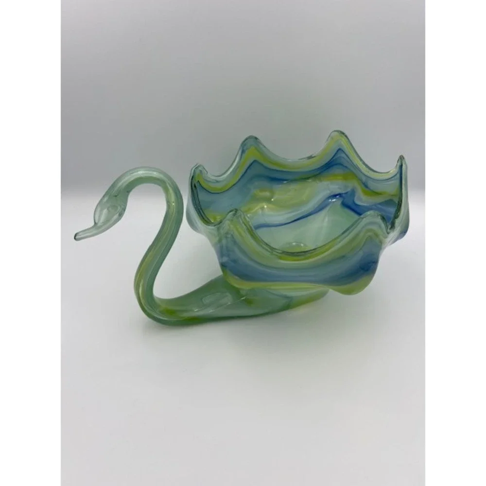Vintage Art Glass Swan Bowl Blue Green Yellow Swirl Ruffled Edge Centerpiece